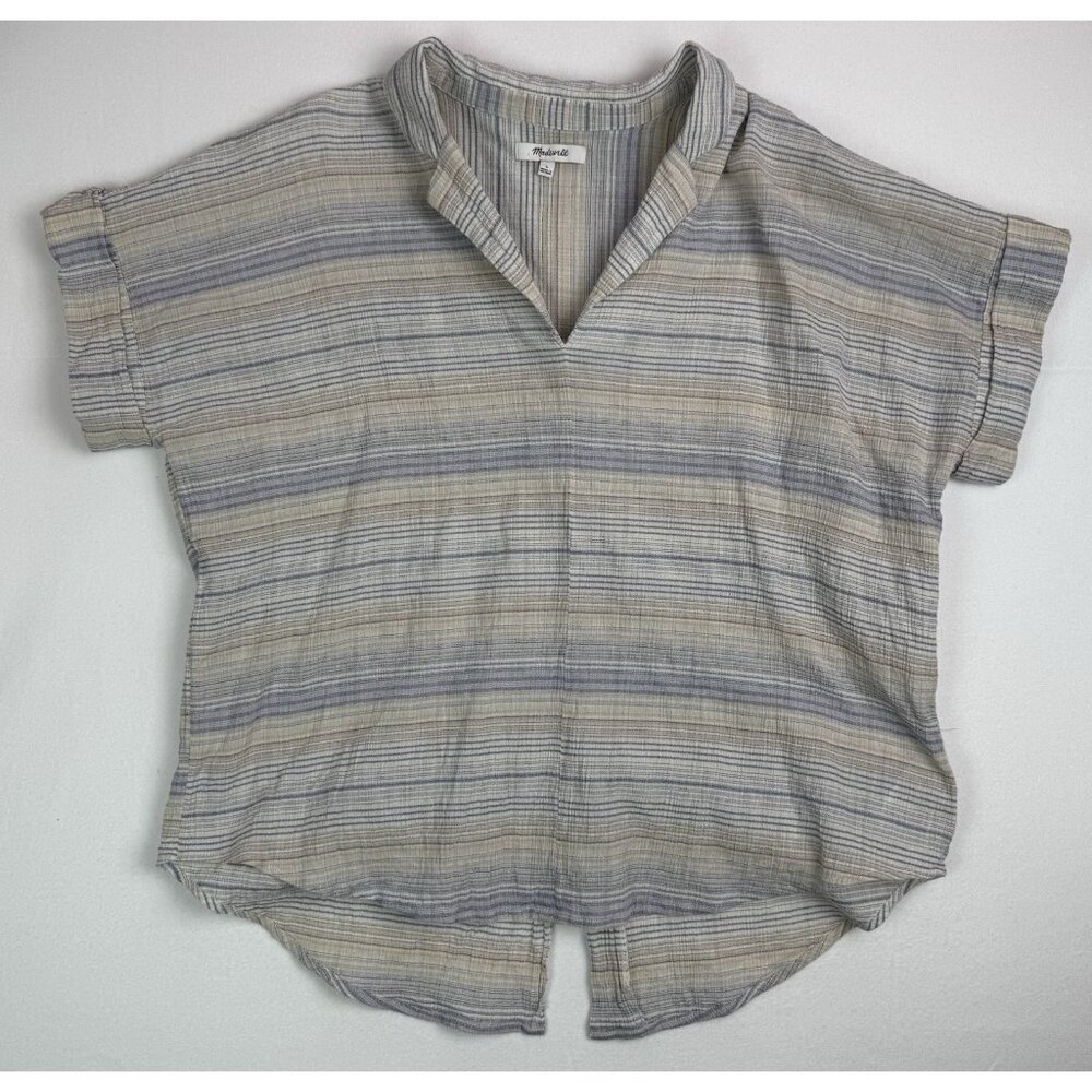 MADEWELL Lakeline‎ Popover Blue White Tan Striped Cotton Gauzy Hi-Low Hem Sz L